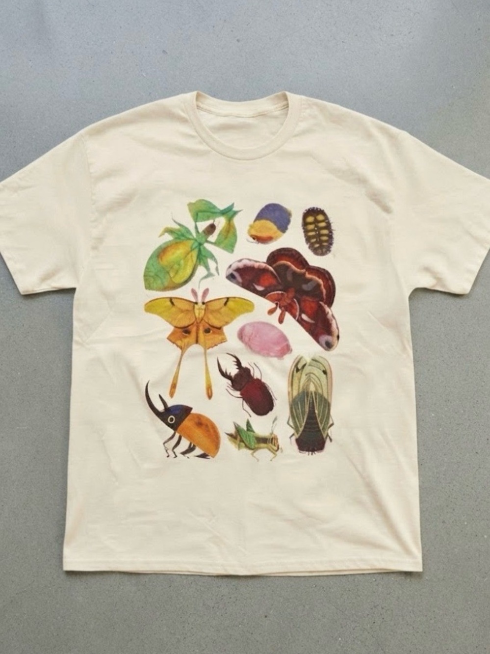 Gildan Cream Short Sleeve Tee with Colorful Insect Illustration